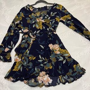 Multi-Colored Floral Faux-Wrap Dress